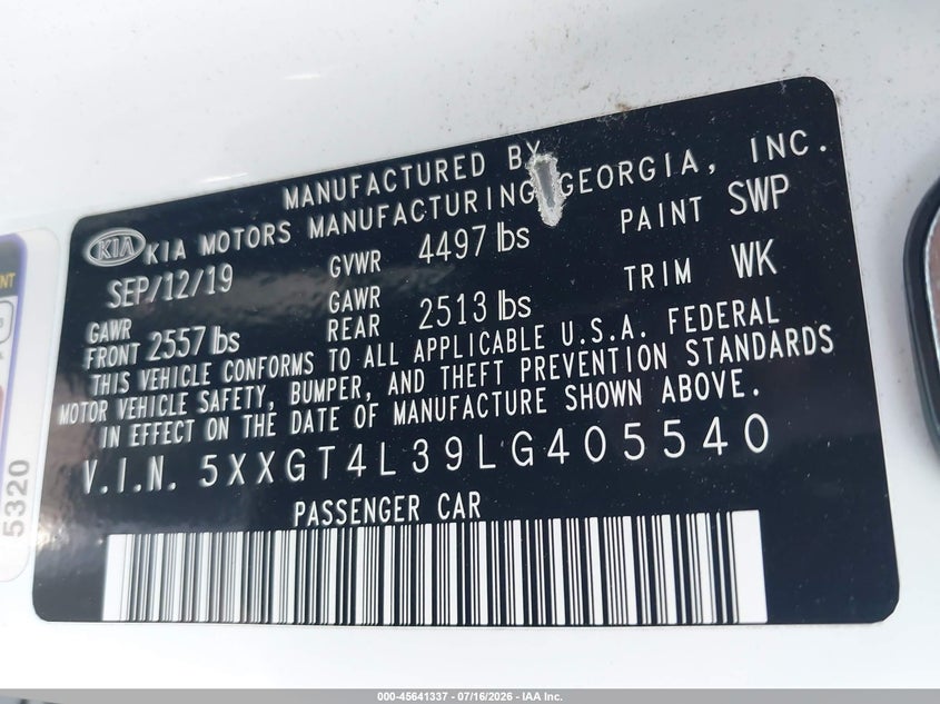 2020 Kia Optima VIN 5XXGT4L39LG405540 IAAI salvage auction — UNDERCARRIAGE, Salvage Title, sold $3,100 on 2026-09-02 (photo 9)