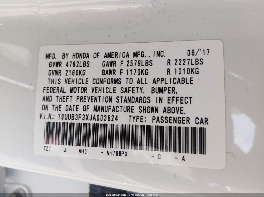2018 Acura Tlx VIN 19UUB3F3XJA003824 IAAI salvage auction — SIDE, Wait Title, sold $5,600 on 2026-09-25 (photo 9)