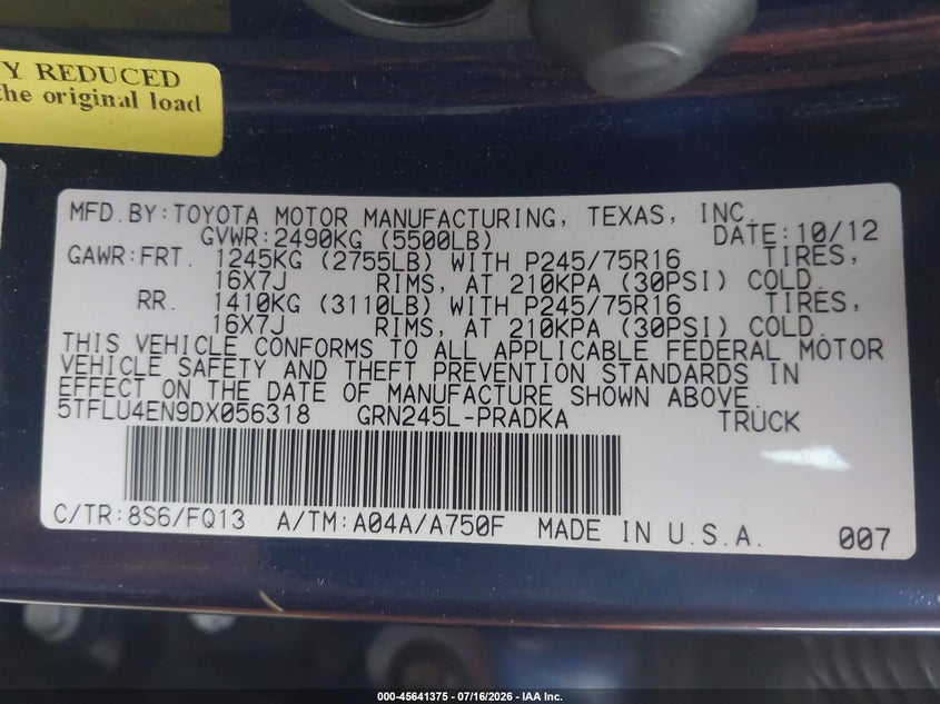 2013 Toyota Tacoma VIN 5TFLU4EN9DX056318 IAAI salvage auction — NORMAL WEAR, Original (Texas), sold $2,850 on 2026-07-29 (photo 9)
