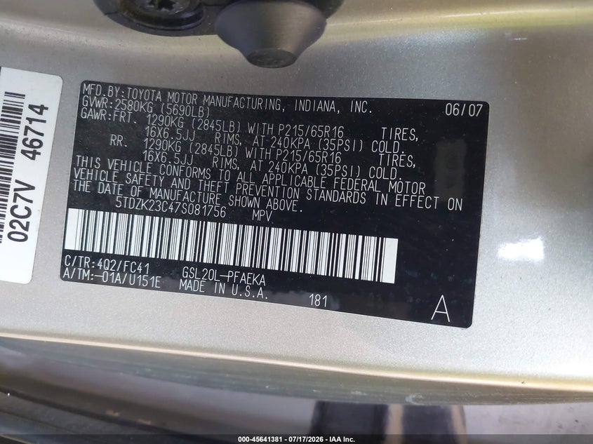 2007 Toyota Sienna VIN 5TDZK23C47S081756 IAAI salvage auction — NORMAL WEAR, Clear (Utah), sold $125 on 2026-07-29 (photo 9)