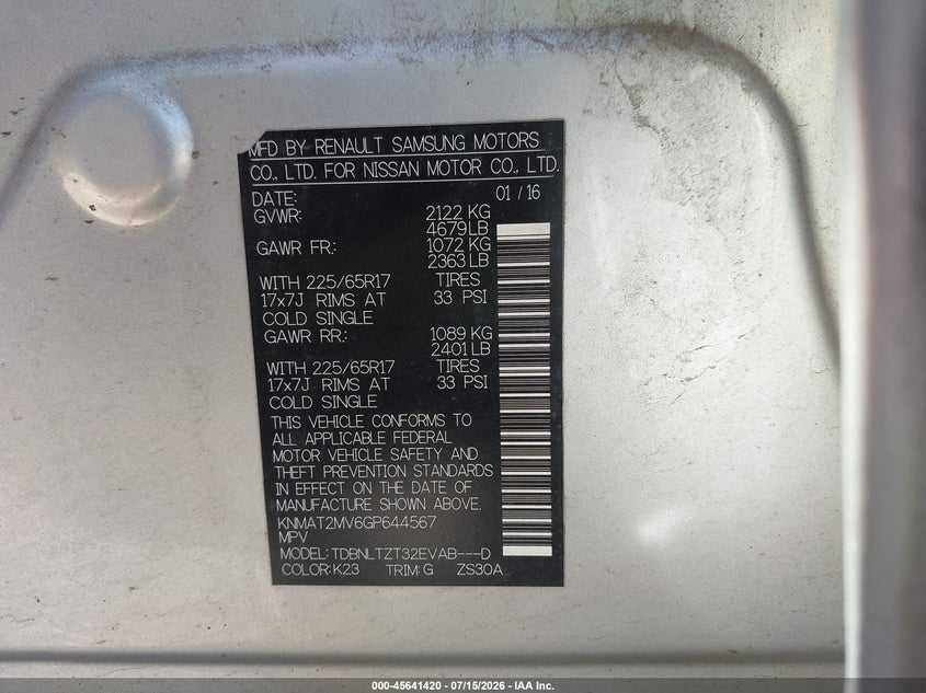 2016 Nissan Rogue VIN KNMAT2MV6GP644567 IAAI salvage auction — NORMAL WEAR, Rebuilt-Non-Public (Washington), sold $325 on 2026-07-29 (photo 9)