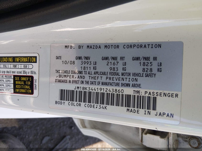 2009 Mazda 3 VIN JM1BK344191243860 IAAI salvage auction — RIGHT REAR, Salvage Certificate (California), sold $225 on 2026-07-24 (photo 9)