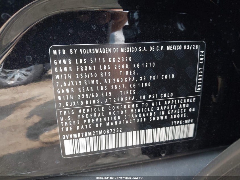 2026 Volkswagen Tiguan VIN 3VVMR7RM2TM087232 IAAI salvage auction — FRONT END, Wait Title, sold $14,800 on 2026-09-01 (photo 9)