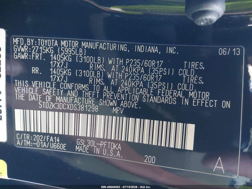 2013 Toyota Sienna VIN 5TDZK3DCXDS381298 IAAI salvage auction — REAR END, Salvage Title, sold $1,750 on 2026-07-25 (photo 9)