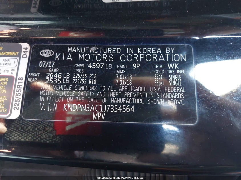 2018 Kia Sportage VIN KNDPN3AC1J7354564 IAAI salvage auction — RIGHT FRONT, Salvage (California), sold $1,400 on 2026-07-30 (photo 9)