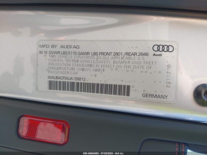 2018 Audi S5 VIN WAUB4CF56JA126812 IAAI salvage auction — LEFT REAR, Mv-907A (New York), sold $3,650 on 2026-07-30 (photo 9)