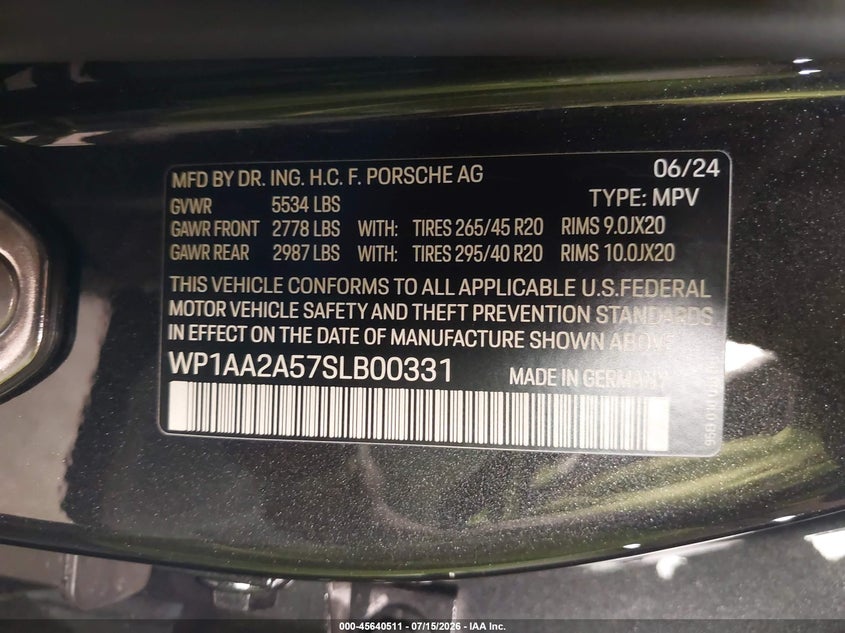 2025 Porsche Macan VIN WP1AA2A57SLB00331 IAAI salvage auction — RIGHT SIDE, Mv-907A (New York), sold $27,000 on 2026-07-30 (photo 9)