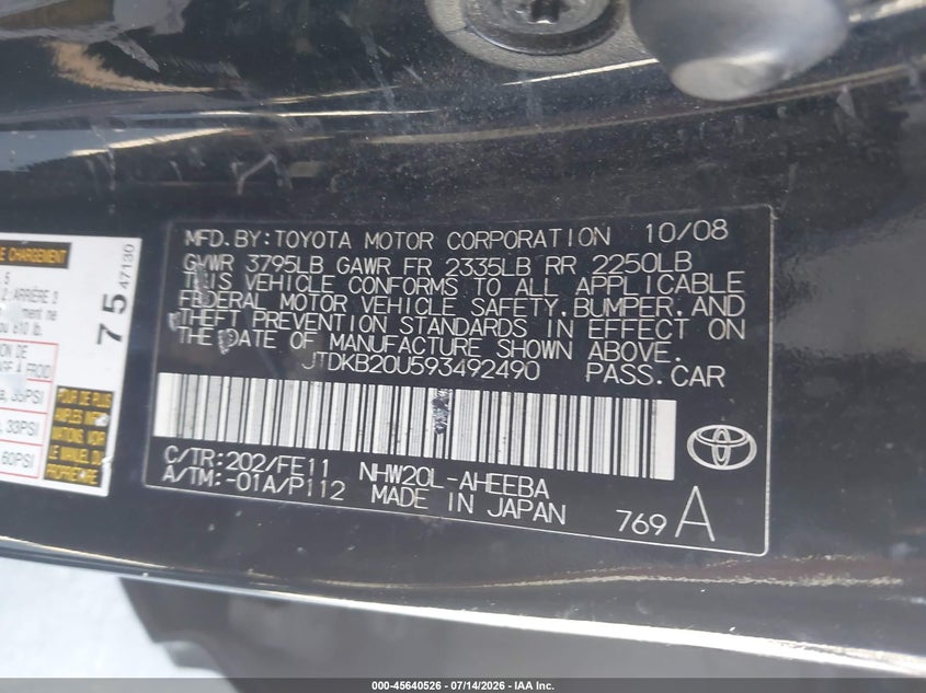 2009 Toyota Prius VIN JTDKB20U593492490 IAAI salvage auction — NORMAL WEAR, Salvage (California), sold $25 on 2026-07-29 (photo 9)