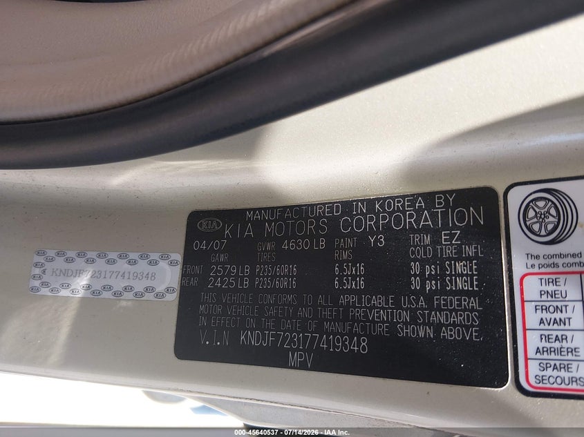 2007 Kia Sportage VIN KNDJF723177419348 IAAI salvage auction — NORMAL WEAR, Clear (Virginia), sold $375 on 2026-07-31 (photo 9)