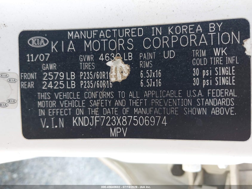 2008 Kia Sportage VIN KNDJF723X87506974 IAAI salvage auction — NORMAL WEAR, Clear - Dealer Only (California), sold $25 on 2026-07-21 (photo 9)
