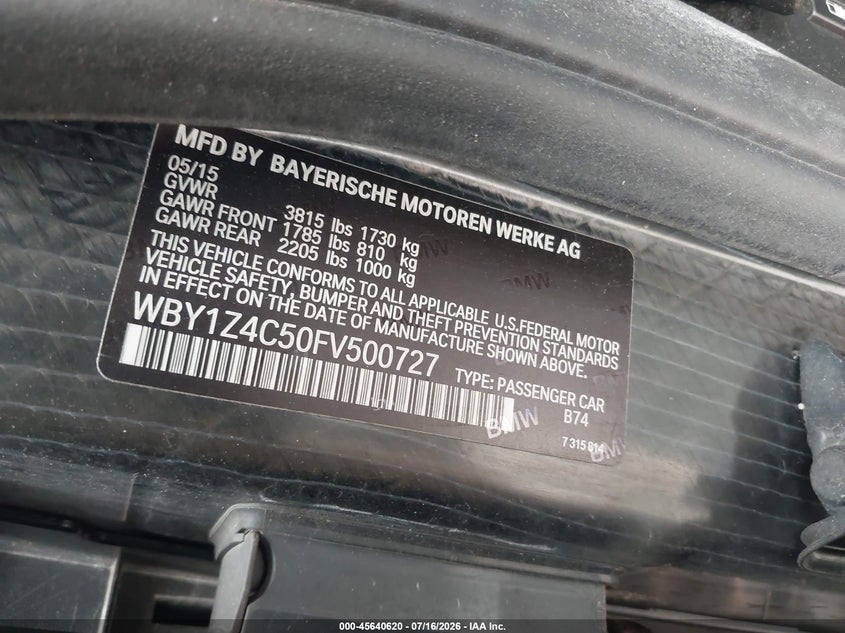 2015 BMW I3 VIN WBY1Z4C50FV500727 IAAI salvage auction — LEFT REAR, Salvage (Pennsylvania), sold $3,250 on 2026-07-30 (photo 9)