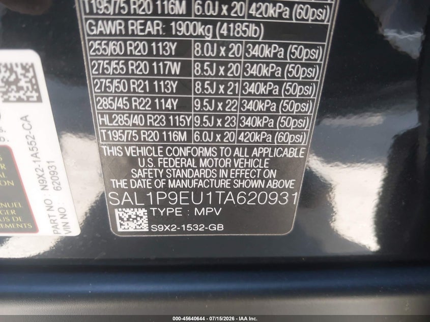 2026 Land rover Range rover sport VIN SAL1P9EU1TA620931 IAAI salvage auction — THEFT, Salvage (California), sold $5,100 on 2026-07-29 (photo 9)
