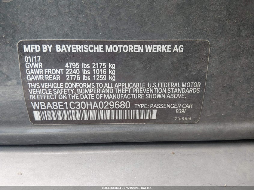 2017 BMW 3er VIN WBA8E1C30HA029680 IAAI salvage auction — FRONT END, Salvage Title, sold $5,400 on 2026-08-02 (photo 9)