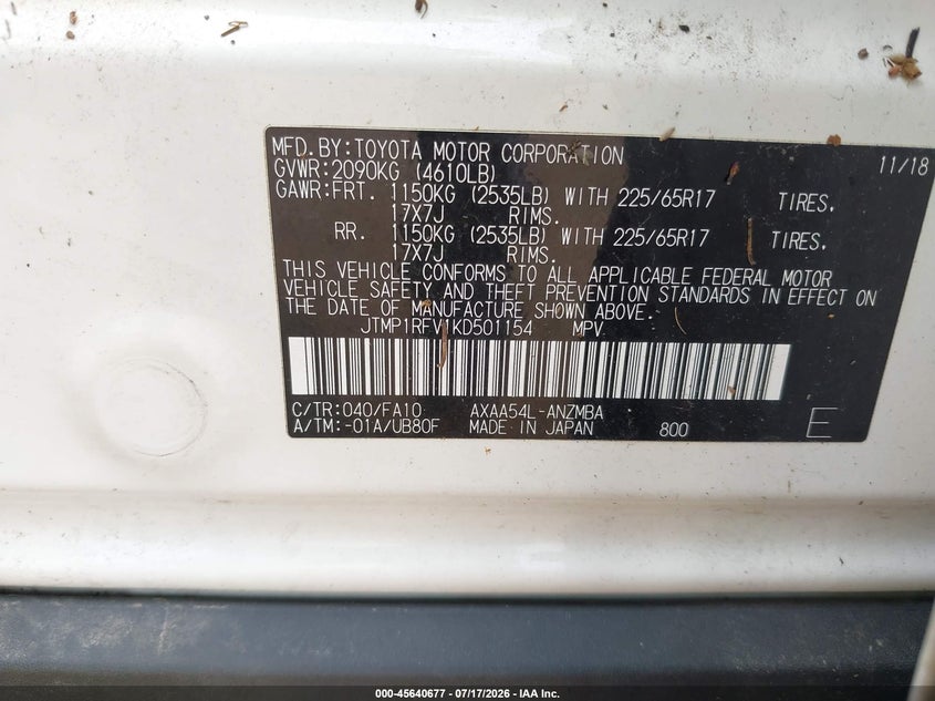 2019 Toyota Rav 4 VIN JTMP1RFV1KD501154 IAAI salvage auction — WATER/FLOOD, Salvage (Pennsylvania), sold $7,600 on 2026-07-31 (photo 9)
