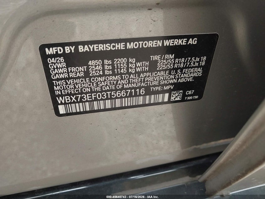 2026 BMW X1 VIN WBX73EF03T5667116 IAAI salvage auction — FRONT END, Clear (Florida), sold $10,000 on 2026-07-28 (photo 9)