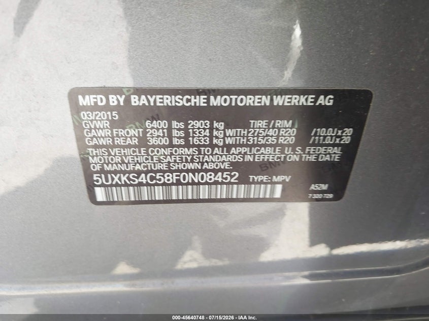 2015 BMW X5 VIN 5UXKS4C58F0N08452 IAAI salvage auction — NORMAL WEAR, Clear - Dealer Only (California), sold $9,100 on 2026-07-23 (photo 9)