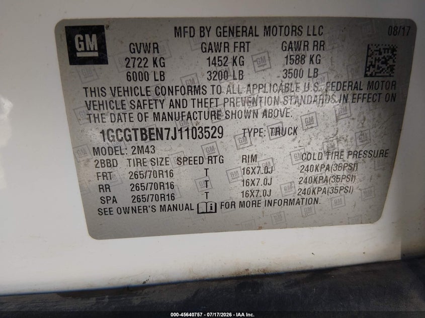 2018 Chevrolet Colorado VIN 1GCGTBEN7J1103529 IAAI salvage auction — NORMAL WEAR, Sf97 (Oregon), sold $11,800 on 2026-07-29 (photo 9)