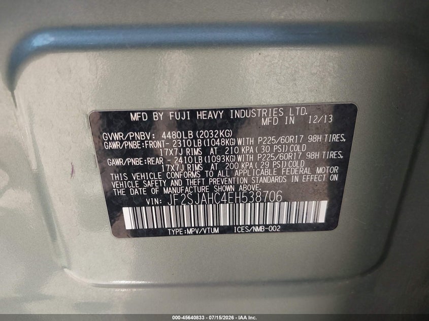 2014 Subaru Forester VIN JF2SJAHC4EH538706 IAAI salvage auction — UNKNOWN, Clear-Dealer Only (Idaho), sold $2,250 on 2026-07-22 (photo 9)