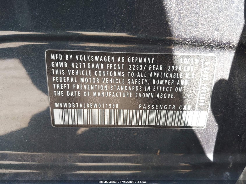 2014 Volkswagen Golf VIN WVWDB7AJ8EW011988 IAAI salvage auction — NORMAL WEAR, Clear - Dealer Only (California), sold $700 on 2026-07-29 (photo 9)