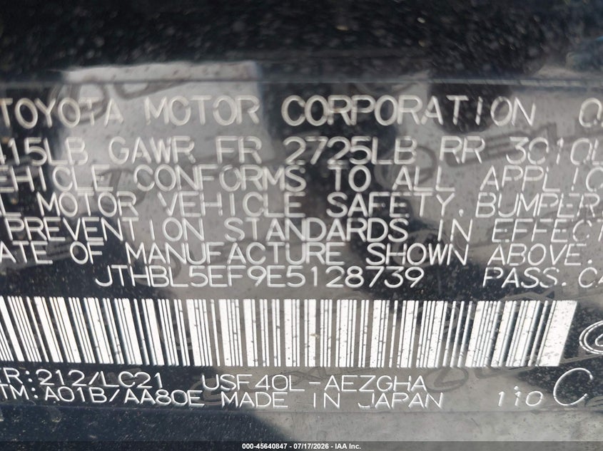 2014 Lexus Ls 460 VIN JTHBL5EF9E5128739 IAAI salvage auction — NORMAL WEAR, Clear - Dealer Only (California), sold $25 on 2026-07-27 (photo 9)