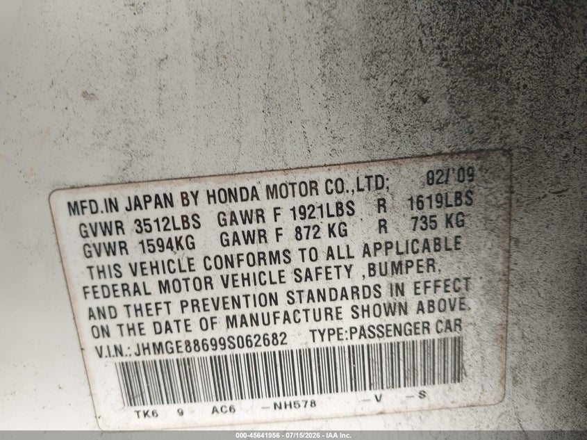 2009 Honda Fit VIN JHMGE88699S062682 IAAI salvage auction — NORMAL WEAR, Clear (North Carolina), sold $1,325 on 2026-07-31 (photo 9)