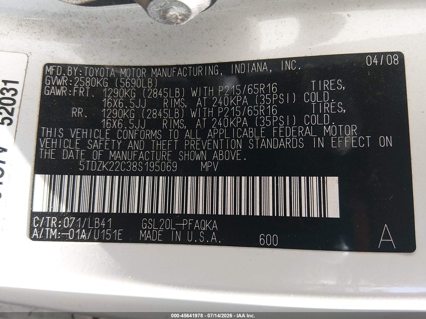2008 Toyota Sienna VIN 5TDZK22C38S195069 IAAI salvage auction — NORMAL WEAR, Peddle Clear Public-Restricted (Oregon), sold $525 on 2026-07-29 (photo 9)
