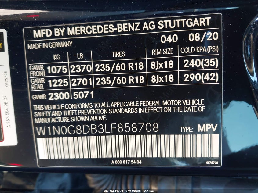2020 Mercedes-benz Glc VIN W1N0G8DB3LF858708 IAAI salvage auction — RIGHT FRONT, Salvage (California), sold $9,100 on 2026-07-29 (photo 9)