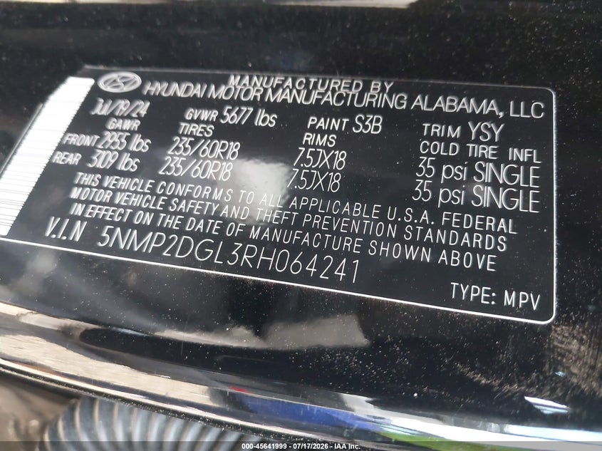 2024 Hyundai Santa fe VIN 5NMP2DGL3RH064241 IAAI salvage auction — FRONT END, Salvage Title, sold $8,300 on 2026-08-25 (photo 9)