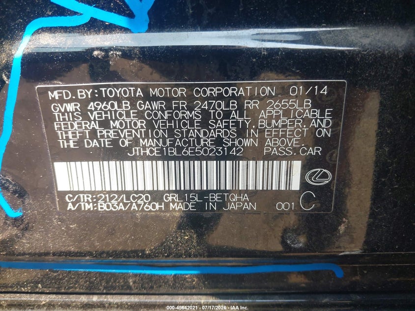 2014 Lexus Gs VIN JTHCE1BL6E5023142 IAAI salvage auction — LEFT SIDE, Salvage Title, sold $8,150 on 2026-08-26 (photo 9)