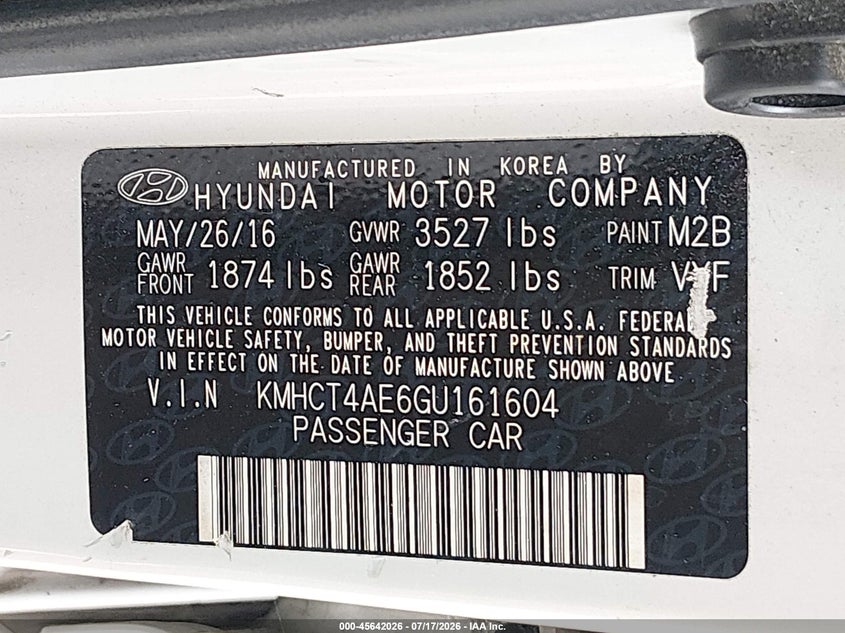 2016 Hyundai Accent VIN KMHCT4AE6GU161604 IAAI salvage auction — NORMAL WEAR, Salvage Title, sold $375 on 2026-07-28 (photo 9)