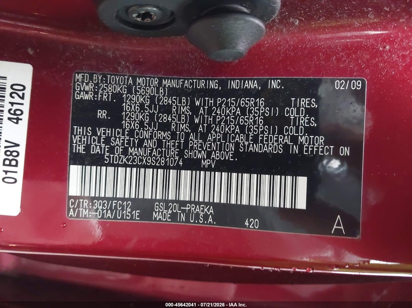 2009 Toyota Sienna VIN 5TDZK23CX9S281074 IAAI salvage auction — NORMAL WEAR, Original (Ohio), sold $1,050 on 2026-07-27 (photo 9)
