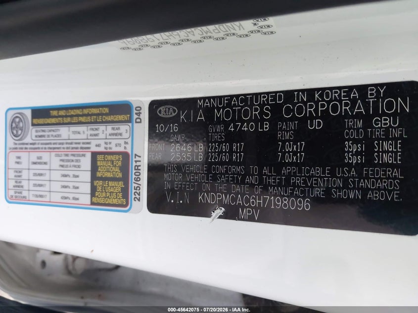 2017 Kia Sportage VIN KNDPMCAC6H7198096 IAAI salvage auction — THEFT, Wait Title, sold $3,050 on 2026-08-27 (photo 9)