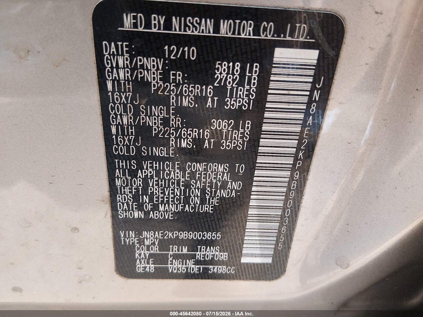 2011 Nissan Quest VIN JN8AE2KP9B9003655 IAAI salvage auction — NORMAL WEAR, Clear (Virginia), sold $225 on 2026-07-23 (photo 9)