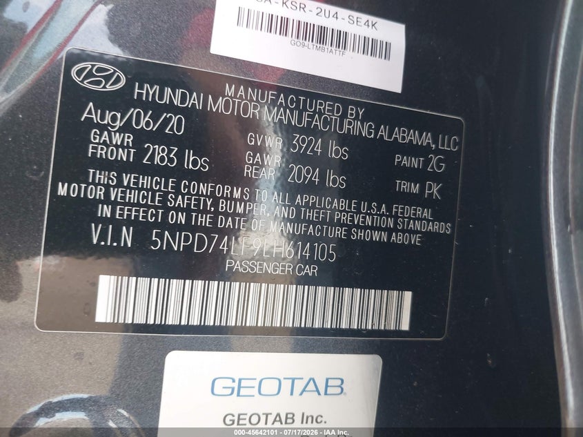 2020 Hyundai Elantra VIN 5NPD74LF9LH614105 IAAI salvage auction — NORMAL WEAR, SF97 (California), sold $12,700 on 2026-08-25 (photo 9)