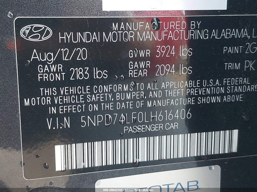 2020 Hyundai Elantra VIN 5NPD74LF0LH616406 IAAI salvage auction — NORMAL WEAR, SF97 (California), sold $10,500 on 2026-08-25 (photo 9)