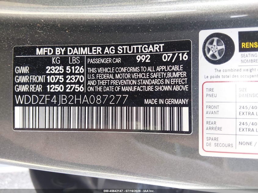 2017 Mercedes-benz E-klasse VIN WDDZF4JB2HA087277 IAAI salvage auction — FRONT END, Salvage (Nevada), sold $5,800 on 2026-08-01 (photo 9)