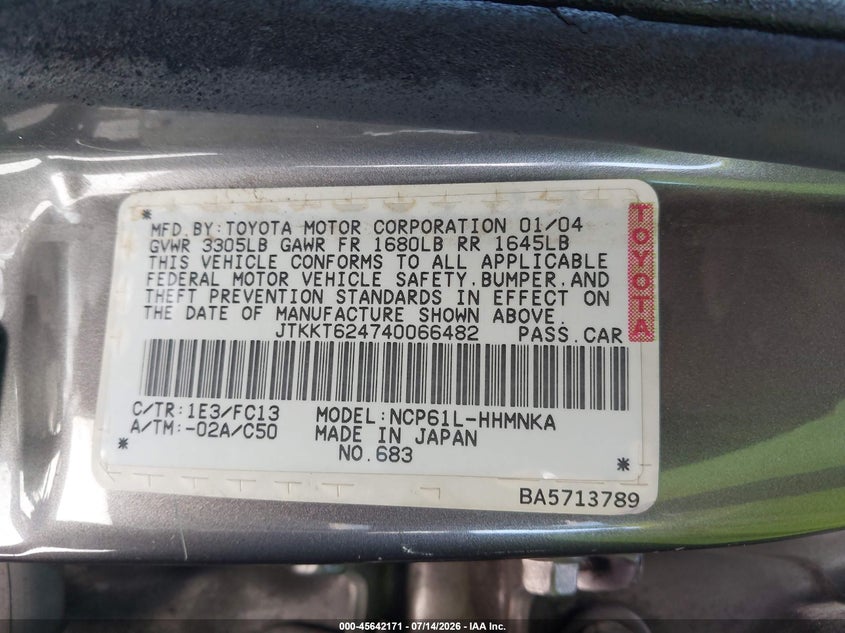 2004 Scion Xa VIN JTKKT624740066482 IAAI salvage auction — NORMAL WEAR, Salvage Title - Dealer (California), sold $550 on 2026-07-29 (photo 9)