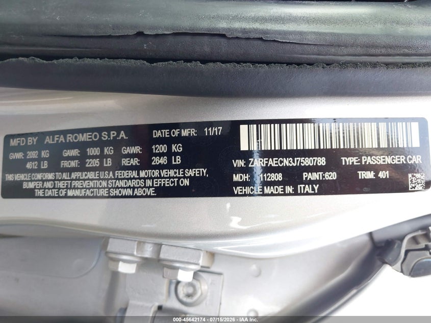 2018 Alfa romeo Giulia VIN ZARFAECN3J7580788 IAAI salvage auction — LEFT FRONT, Salvage Title, sold $4,950 on 2026-09-02 (photo 9)