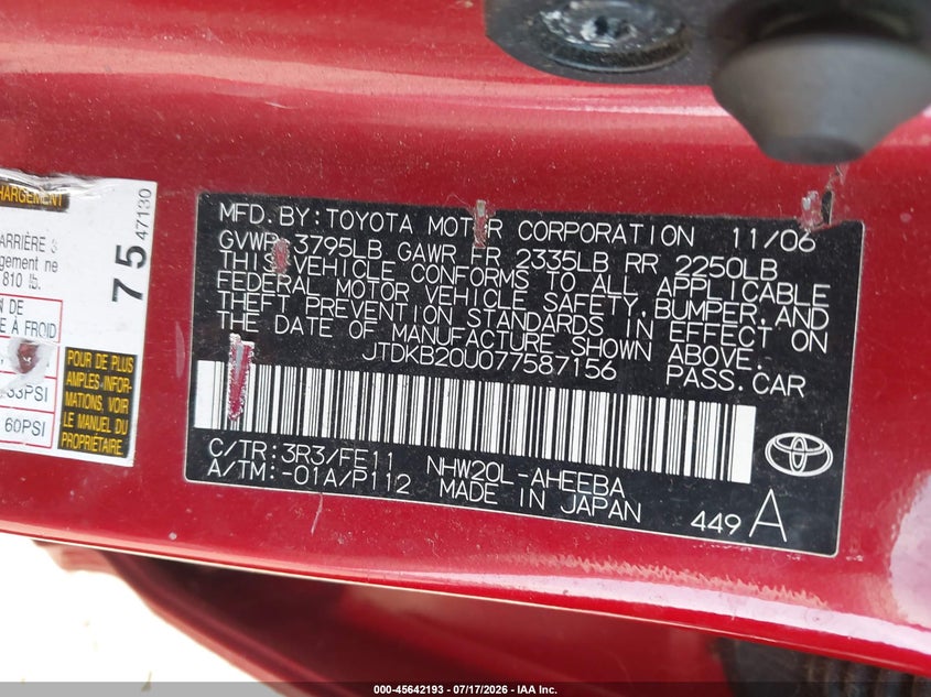 2007 Toyota Prius VIN JTDKB20U077587156 IAAI salvage auction — NORMAL WEAR, Clear (New York), sold $75 on 2026-07-28 (photo 9)