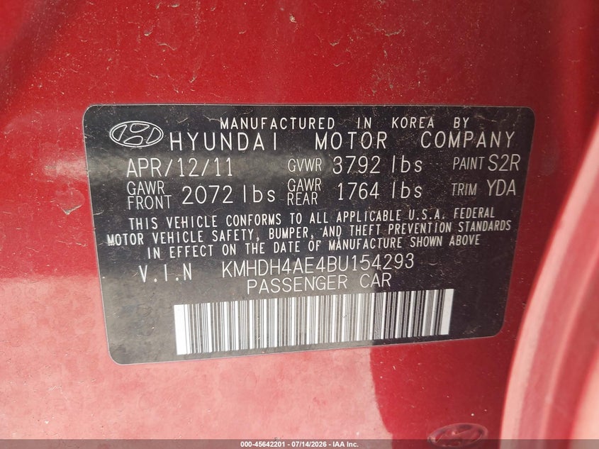 2011 Hyundai Elantra VIN KMHDH4AE4BU154293 IAAI salvage auction — NORMAL WEAR, Clear - Dealer Only (California), sold $575 on 2026-07-27 (photo 9)