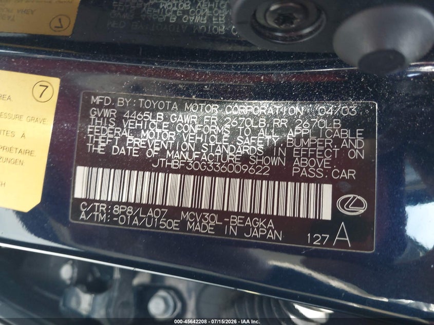 2003 Lexus Es 300 VIN JTHBF30G336009622 IAAI salvage auction — REAR END, Rebuildable (Florida), sold $450 on 2026-08-02 (photo 9)