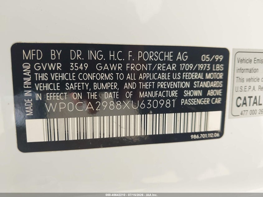 1999 Porsche Boxster VIN WP0CA2988XU630981 IAAI salvage auction — NORMAL WEAR, Clear - Dealer Only (California), sold $1,625 on 2026-08-05 (photo 9)