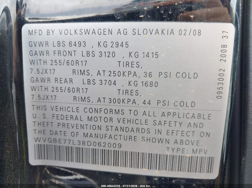 2008 Volkswagen Touareg VIN WVGBE77L38D062009 IAAI salvage auction — FRONT END, Salvage (Arizona), sold $200 on 2026-08-18 (photo 9)