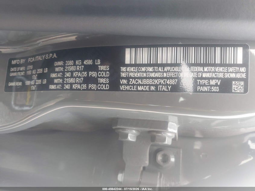 2019 Jeep Renegade VIN ZACNJBBB2KPK74887 IAAI salvage auction — FRONT END, Clear (Wisconsin), sold $3,100 on 2026-08-20 (photo 9)