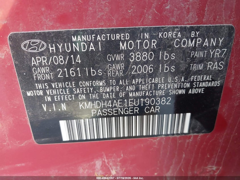 2014 Hyundai Elantra VIN KMHDH4AE1EU190382 IAAI salvage auction — NORMAL WEAR, Regular Certificate (Iowa), sold $625 on 2026-07-28 (photo 9)