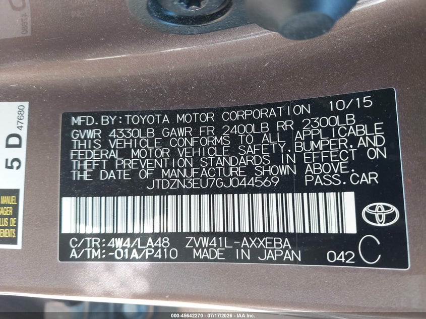 2016 Toyota Prius v VIN JTDZN3EU7GJ044569 IAAI salvage auction — NORMAL WEAR, Clear (Massachusetts), sold $9,400 on 2026-07-24 (photo 9)