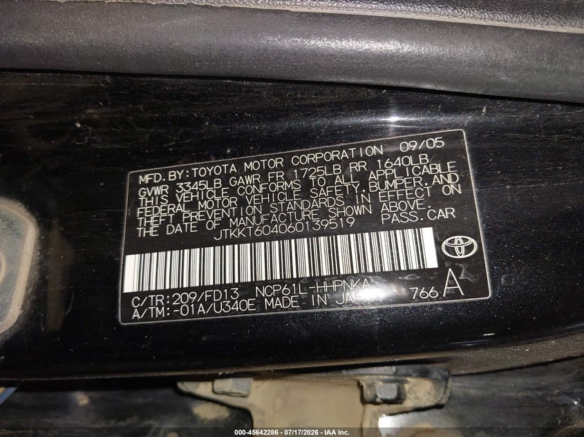 2006 Scion Xa VIN JTKKT604060139519 IAAI salvage auction — NORMAL WEAR, Clear (Pennsylvania), sold $225 on 2026-07-23 (photo 9)