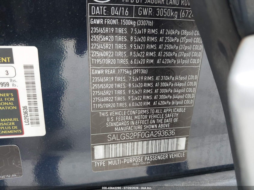 2016 Land rover RANGE ROVER VIN SALGS2PF0GA293636 IAAI salvage auction — VANDALISM, Salvage - Greater Than 75% (Maryland), sold $4,850 on 2026-08-20 (photo 9)