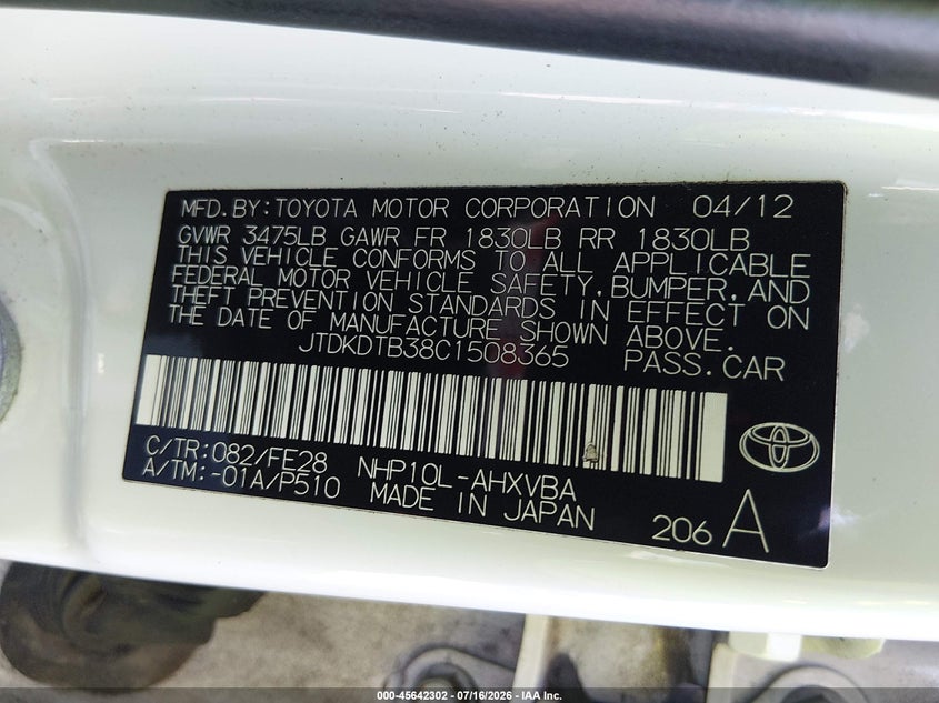 2012 Toyota Prius c VIN JTDKDTB38C1508365 IAAI salvage auction — NORMAL WEAR, Clear (Georgia), sold $1,475 on 2026-07-29 (photo 9)