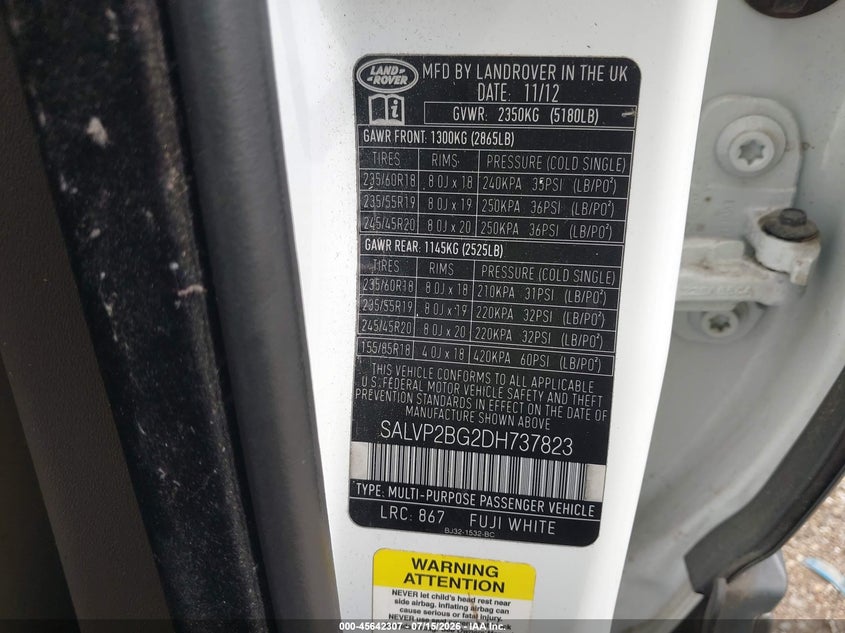 2013 Land rover Range rover evoque VIN SALVP2BG2DH737823 IAAI salvage auction — NORMAL WEAR, Original (Texas), sold $25 on 2026-07-23 (photo 9)